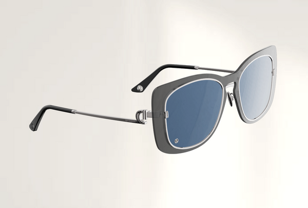 Lunettes de luxe de soleil Dyades platine - Verre bleu rondes - Decor masque gris electrique - Vue profil